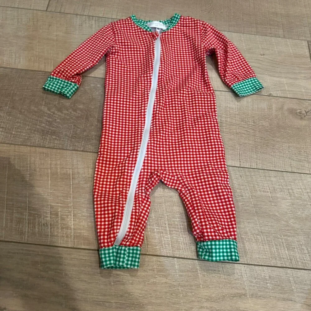 CECIL AND LOU 6 MONTH RED AND GREEN CHRISTMAS SLEEPER ONE PIECE MONOGRAMED T